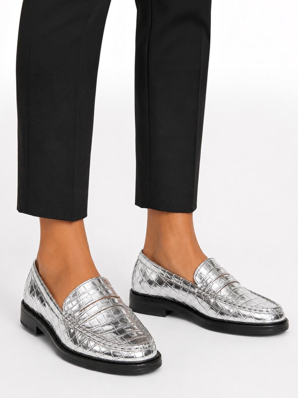 Ann Taylor LOFT Metallic Embossed Slip On Penny Loafers Silver Size 7.5M